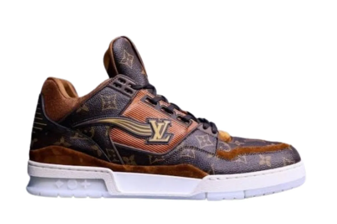 LOUIS VUITTON LV TRAINER SNEAKER MONOGRAM ECLIPSE BROWN LOUIS VUITTON LV TRAINER SNEAKER MONOGRAM ECLIPSE BROWN first copy